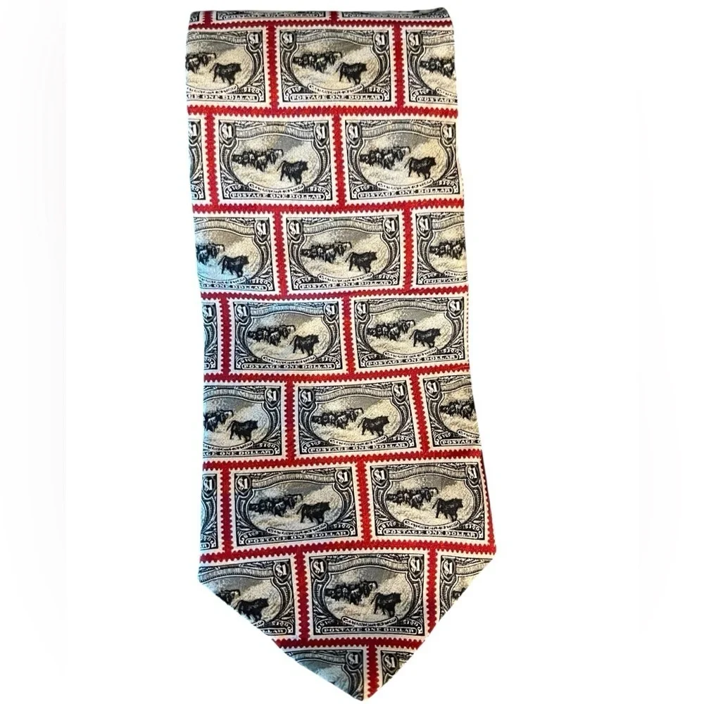 📈📊100% Silk Postage themed tie with $1 stamps. Black, red, white hues
